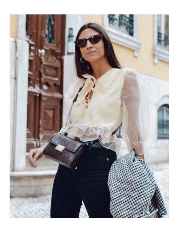 Zara organza knit Sheer Ruffle-Trim Cream Blouse with Tie Neck NWOT Sm - Picture 3 of 16